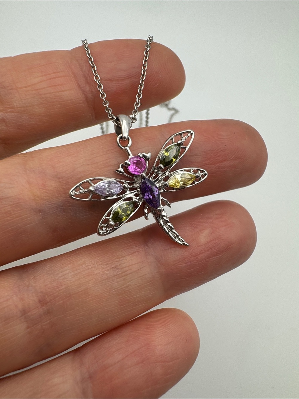 Multi-Gem Dragonfly Sterling silver Pendant Necklace
